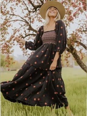 Free People Black Floral Embroidery Puff Sleeve Prairie Romantic Maxi Dress